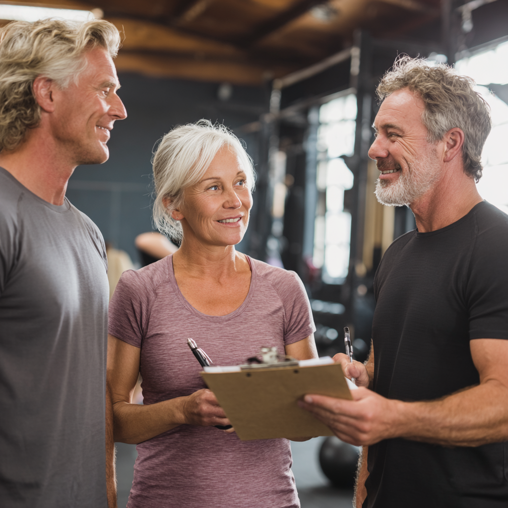Middle-aged adults discussing fitness goals with trainer