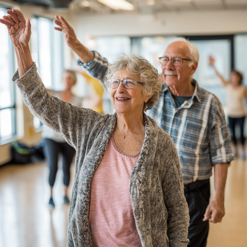 Older adults participating in gentle fitness activities